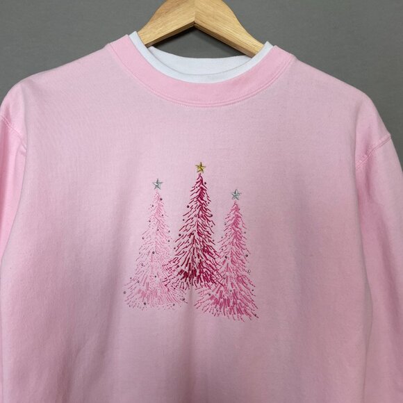 Christmas Sweatshirt Pink Embroidered Trees Women Size Small Festive Holiday Top - Picture 3 of 12
